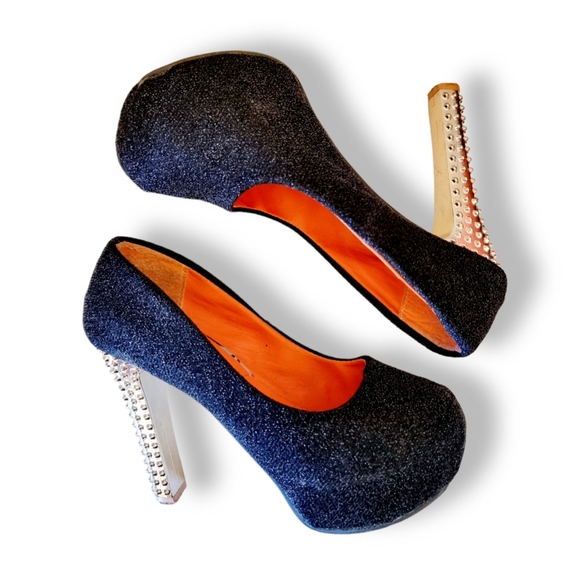 JP Shoes Shoes - Y2k, super unique, gold glitter sparkle black felt, concealed platform heels